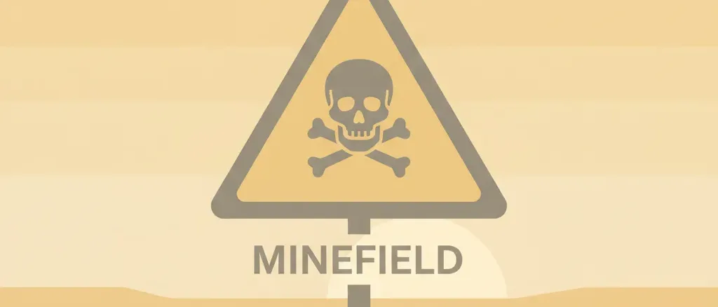 A stylized warning sign silhouette against a barren landscape, flat vector illustration in muted warning tones.