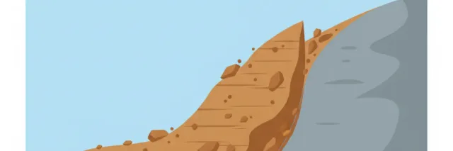 A stylized hillside with displaced earth and rocks, flat vector illustration in muted brown and grey tones.