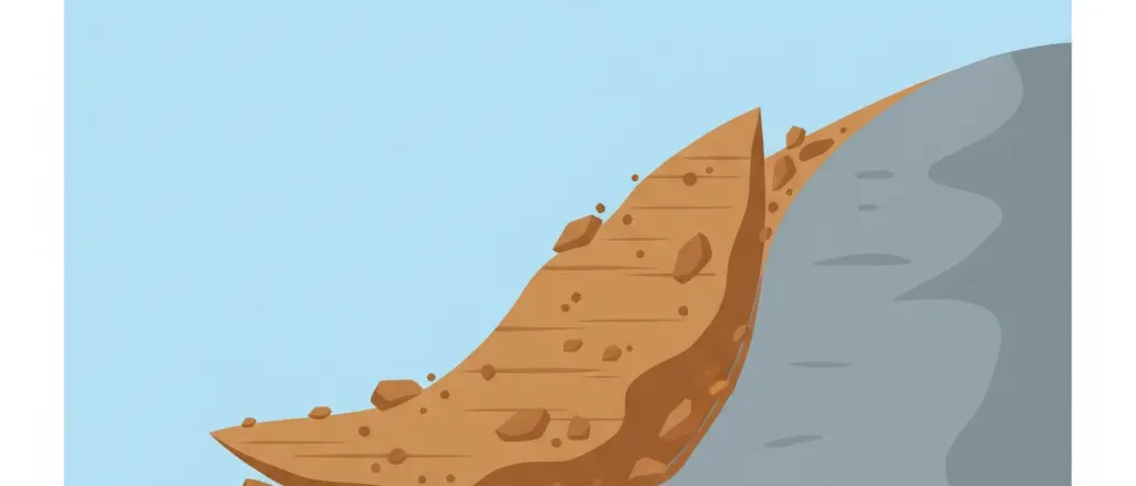 A stylized hillside with displaced earth and rocks, flat vector illustration in muted brown and grey tones.