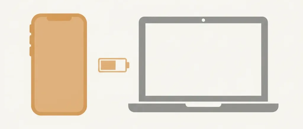 A simple smartphone and laptop silhouette with a small battery icon, flat vector illustration.