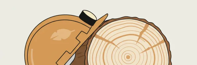 A single hard hat resting against a sawn log cross-section on a pale neutral surface, flat vector illustration in muted earth tones.