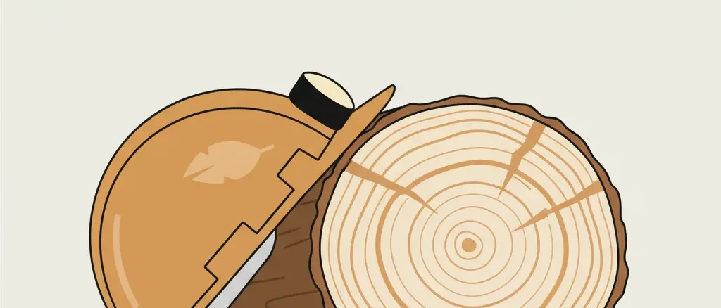 A single hard hat resting against a sawn log cross-section on a pale neutral surface, flat vector illustration in muted earth tones.