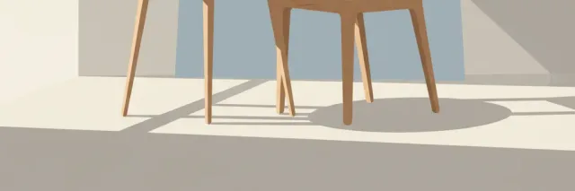 A single empty chair at a small table in a muted, quiet interior space, flat vector illustration.