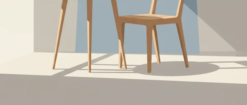 A single empty chair at a small table in a muted, quiet interior space, flat vector illustration.
