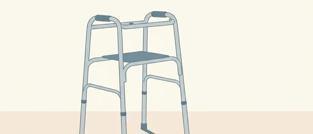 A simple walker casting a long shadow on a pale floor, flat vector illustration in muted tones.