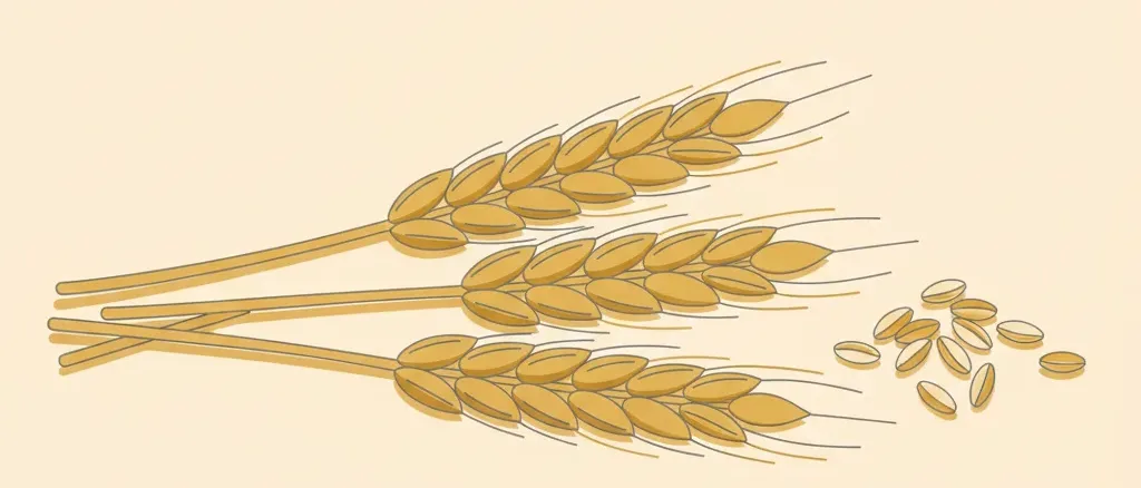 A few stalks of wheat and a scattering of grain on a pale surface, flat vector illustration.