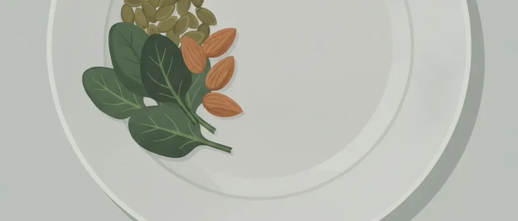 A small pile of pumpkin seeds and leafy greens on a plate that is more than half empty, muted green and grey flat vector illustration.