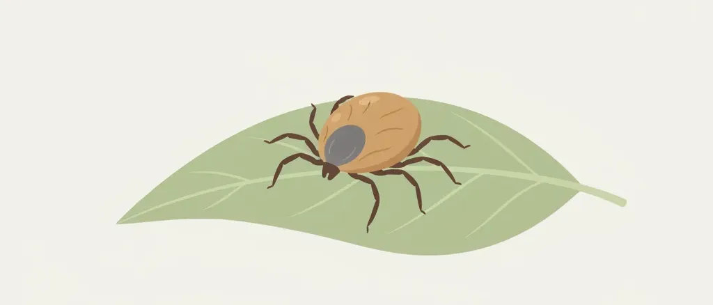 A single stylized deer tick on a pale leaf, flat vector illustration in muted earth tones.
