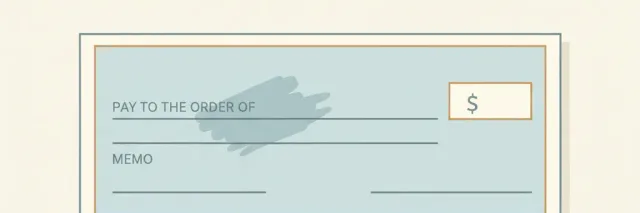 A paper check with a faint smudge suggesting alteration, on a plain pale surface, flat vector illustration.