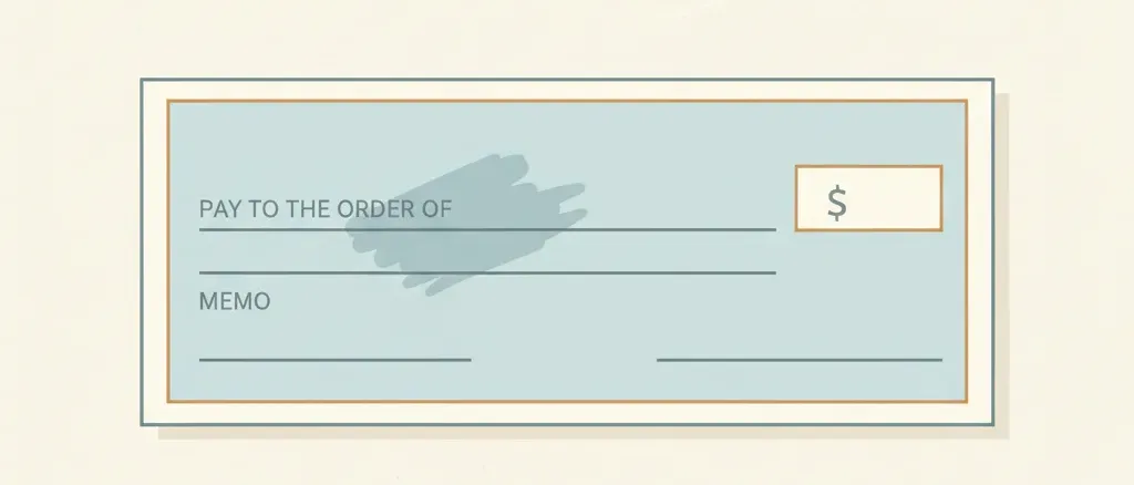 A paper check with a faint smudge suggesting alteration, on a plain pale surface, flat vector illustration.