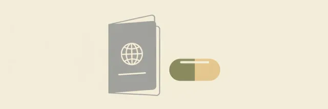 A single small stylized pill capsule resting beside a folded paper passport silhouette on a pale neutral background, flat vector illustration.