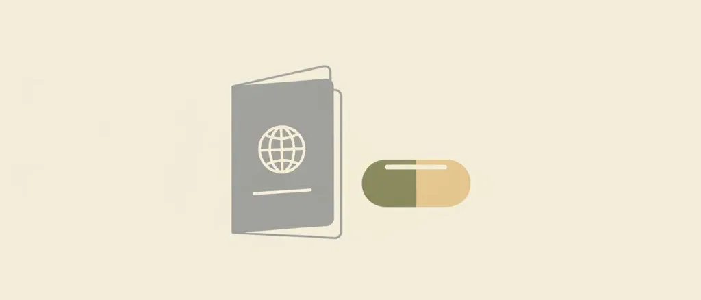 A single small stylized pill capsule resting beside a folded paper passport silhouette on a pale neutral background, flat vector illustration.