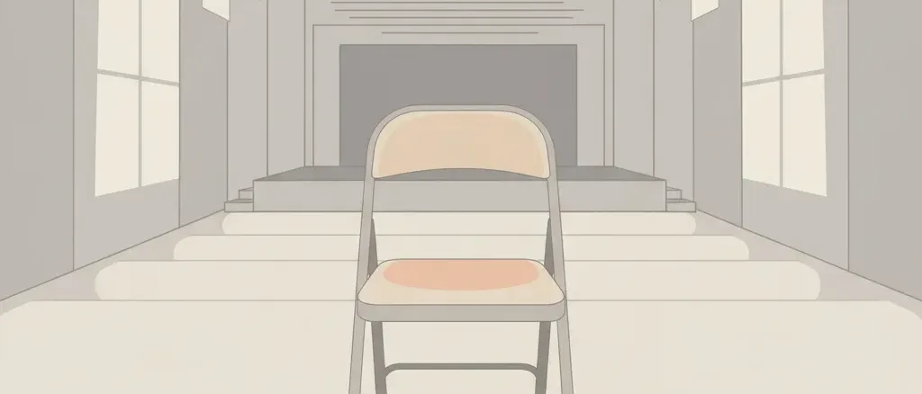 A single empty folding chair in a wide, pale auditorium, flat vector illustration, no people.