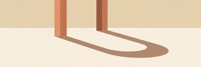A single geometric doorway shape in muted earth tones casting a long shadow, flat vector illustration.