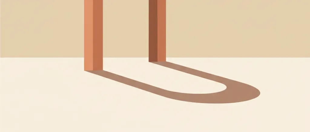 A single geometric doorway shape in muted earth tones casting a long shadow, flat vector illustration.