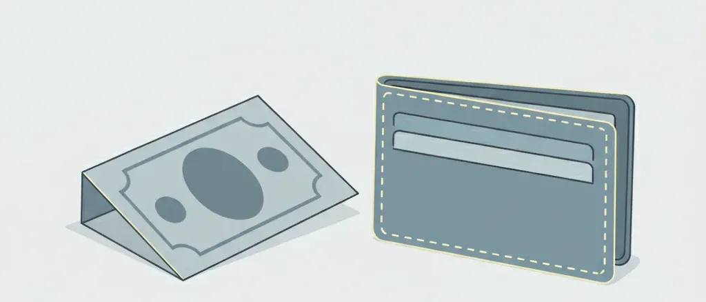 A single medical bill and a thin wallet side by side on a plain surface, muted blue-grey tones, flat vector illustration.