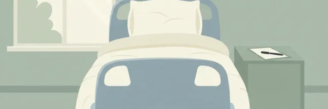 A hospital bed in an empty room with a clipboard on the side table, flat vector illustration, muted tones, no people.