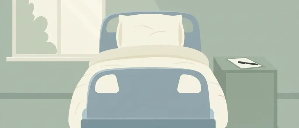 A hospital bed in an empty room with a clipboard on the side table, flat vector illustration, muted tones, no people.