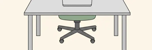 A simple office desk with an empty chair and a closed laptop, flat vector illustration in muted tones.