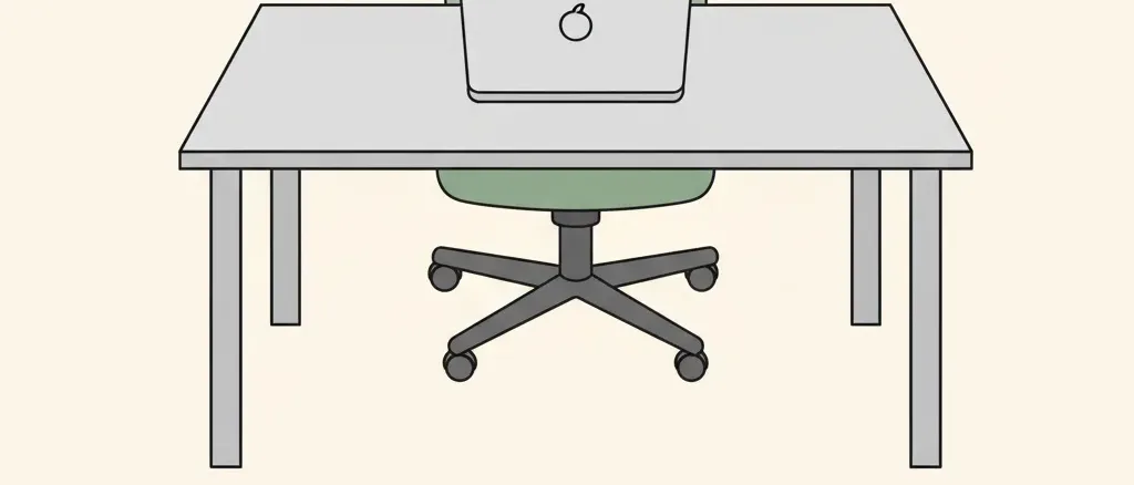 A simple office desk with an empty chair and a closed laptop, flat vector illustration in muted tones.