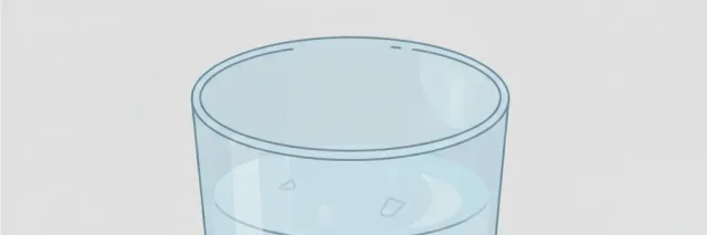 A single water glass on a plain surface with faint translucent particles suspended inside, flat vector illustration.