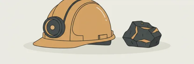 A single mining hard hat with attached cap lamp resting on a pale neutral surface beside a piece of coal, flat vector illustration in muted earth tones.