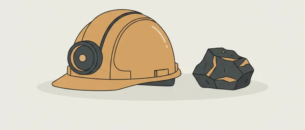 A single mining hard hat with attached cap lamp resting on a pale neutral surface beside a piece of coal, flat vector illustration in muted earth tones.