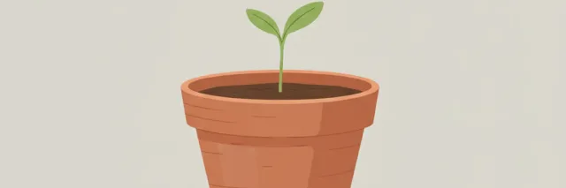 A single small seedling in a muted terracotta pot against a pale grey background, flat vector illustration.