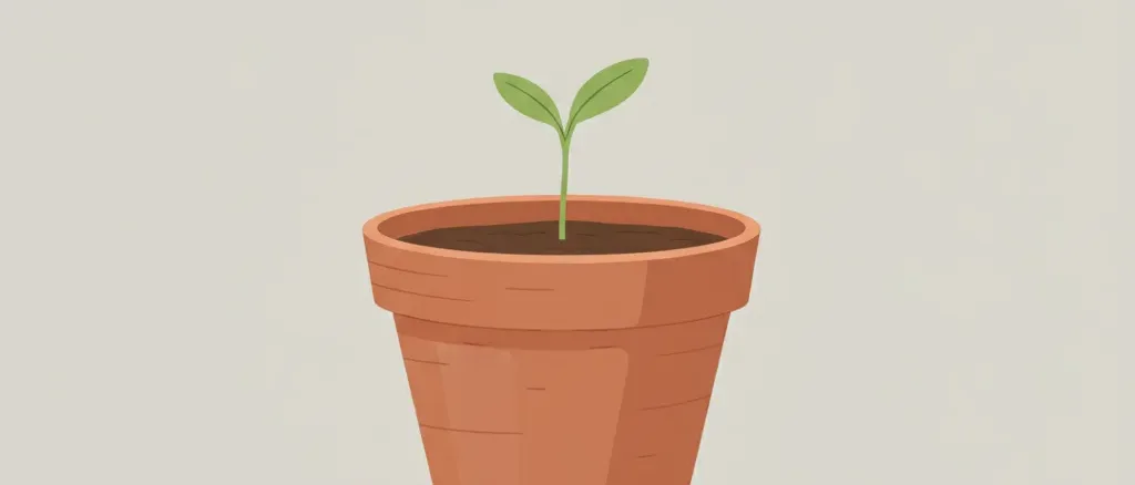 A single small seedling in a muted terracotta pot against a pale grey background, flat vector illustration.