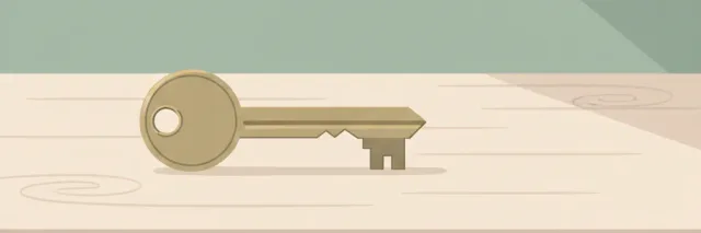 A single house key resting on an empty kitchen counter, muted earth tones, flat vector illustration.