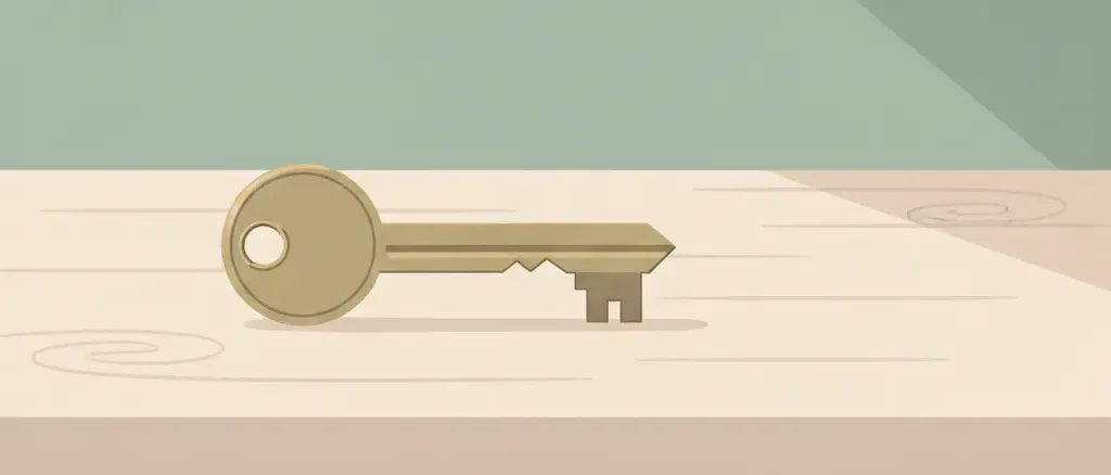 A single house key resting on an empty kitchen counter, muted earth tones, flat vector illustration.