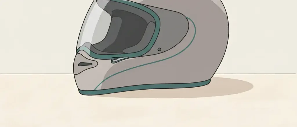 A single empty motorcycle helmet resting on a pale surface, flat vector illustration in muted greys.