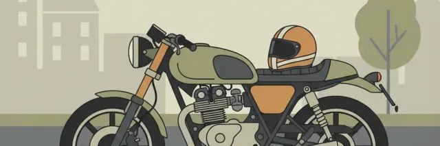A motorcycle parked next to a helmet resting on the seat, flat vector illustration in muted tones.
