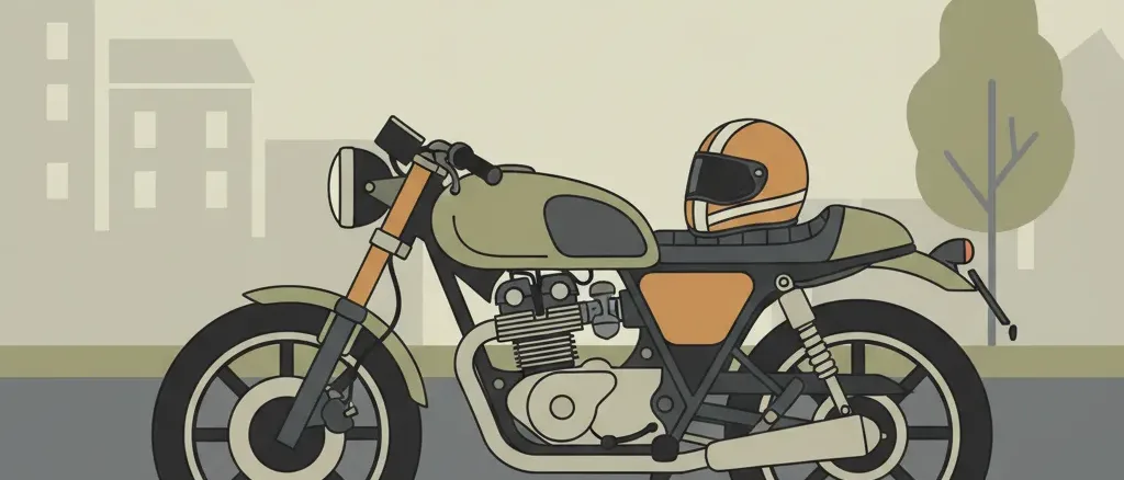 A motorcycle parked next to a helmet resting on the seat, flat vector illustration in muted tones.