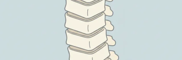 A simplified spine or vertebral column shown as stacked geometric shapes, flat vector illustration in muted tones.