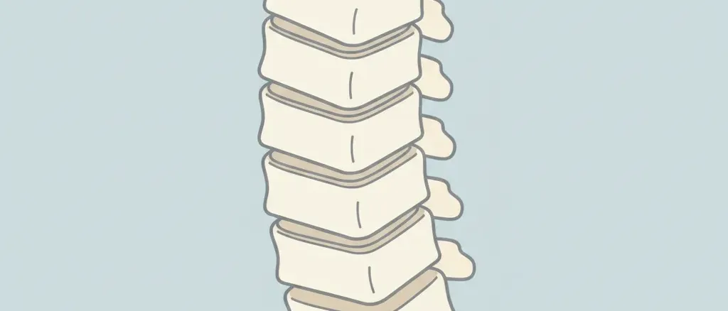 A simplified spine or vertebral column shown as stacked geometric shapes, flat vector illustration in muted tones.