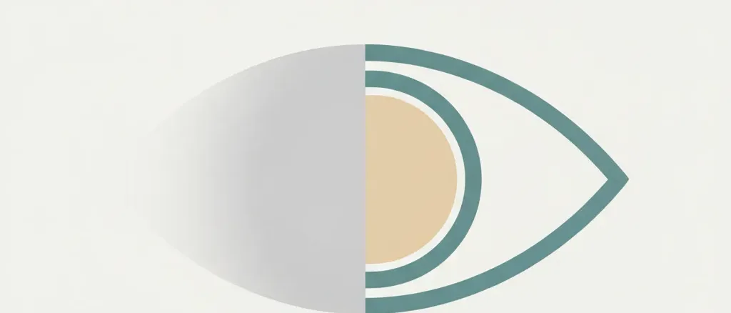 A single abstract eye shape with one half dimmed to grey, rendered in muted teal and pale sand tones, flat vector illustration.