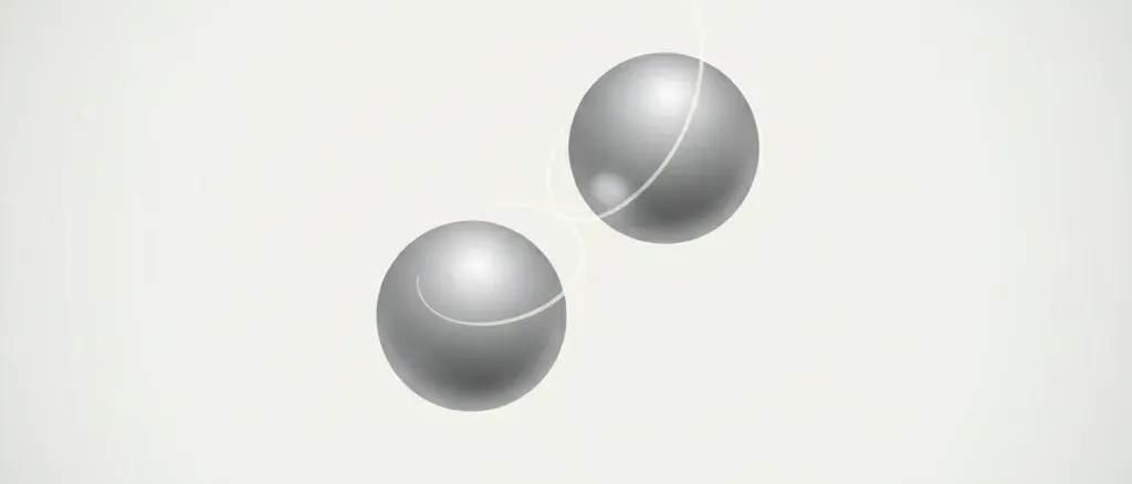 Two small silvery spherical magnets attracted together, viewed from close up, flat vector illustration with muted metallic tones.