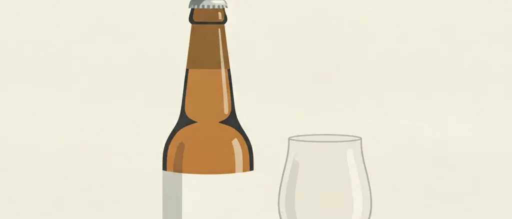 A single amber beer bottle with a blank label beside an empty glass on a neutral surface, flat vector illustration.