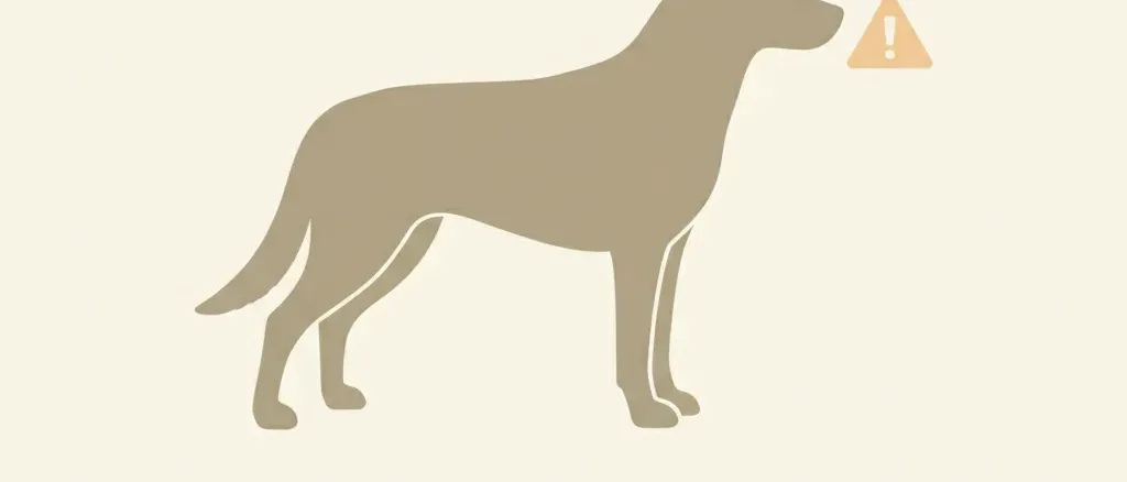 A simplified dog outline with a small warning triangle, flat vector illustration in muted tones.