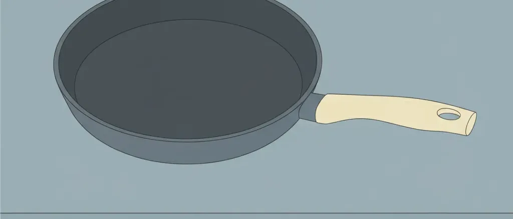 A single nonstick frying pan on a neutral kitchen surface, flat vector illustration in muted tones.