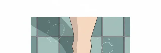 A bare foot on a wet tile surface with small water droplets, flat vector illustration in muted teal tones.