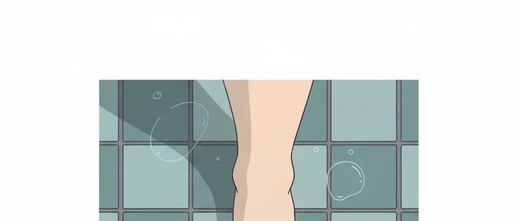A bare foot on a wet tile surface with small water droplets, flat vector illustration in muted teal tones.