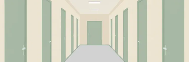 An empty corridor of a care facility with receding doors, flat vector illustration in muted tones.