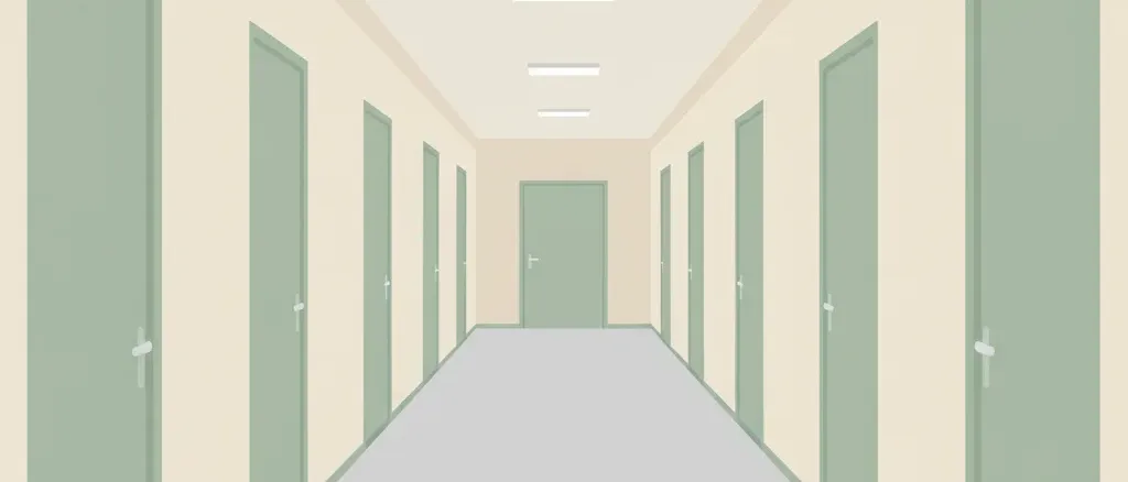 An empty corridor of a care facility with receding doors, flat vector illustration in muted tones.