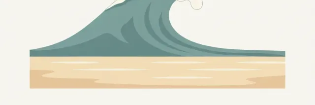 A single diagonal wave line curling toward a flat shoreline, viewed from above, flat vector illustration.