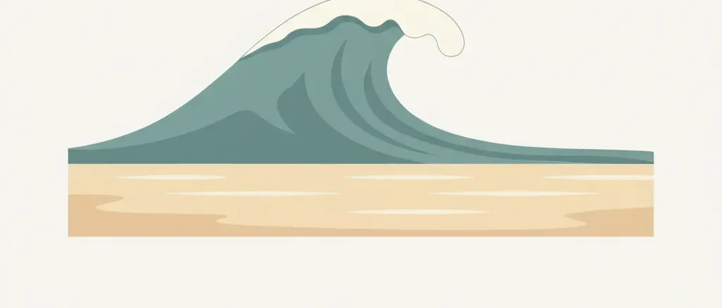A single diagonal wave line curling toward a flat shoreline, viewed from above, flat vector illustration.