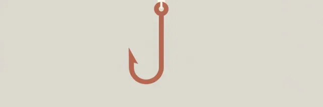 A single fishing hook dangling from a thin line against a pale grey background, flat vector illustration.