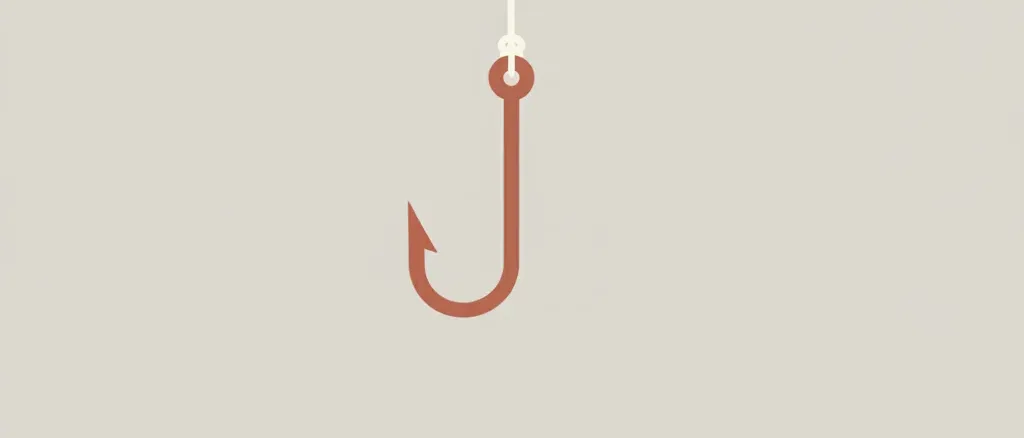 A single fishing hook dangling from a thin line against a pale grey background, flat vector illustration.