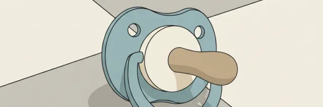 A silicone pacifier resting on a tile floor, flat vector illustration in muted tones.